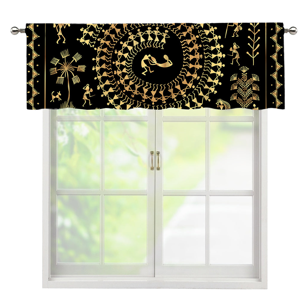 Black And Gold Warli Tribal Print Window Valance