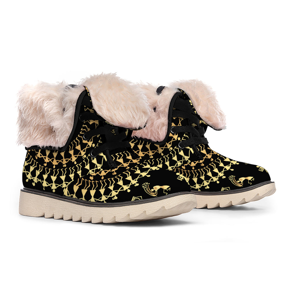 Black And Gold Warli Tribal Print Winter Boots