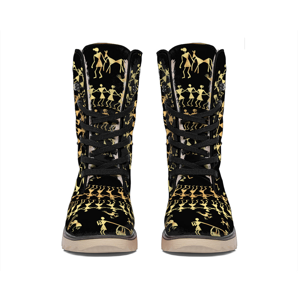Black And Gold Warli Tribal Print Winter Boots