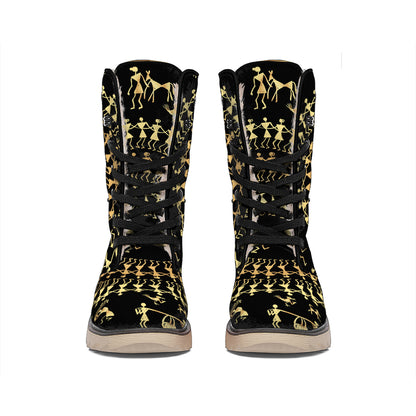 Black And Gold Warli Tribal Print Winter Boots