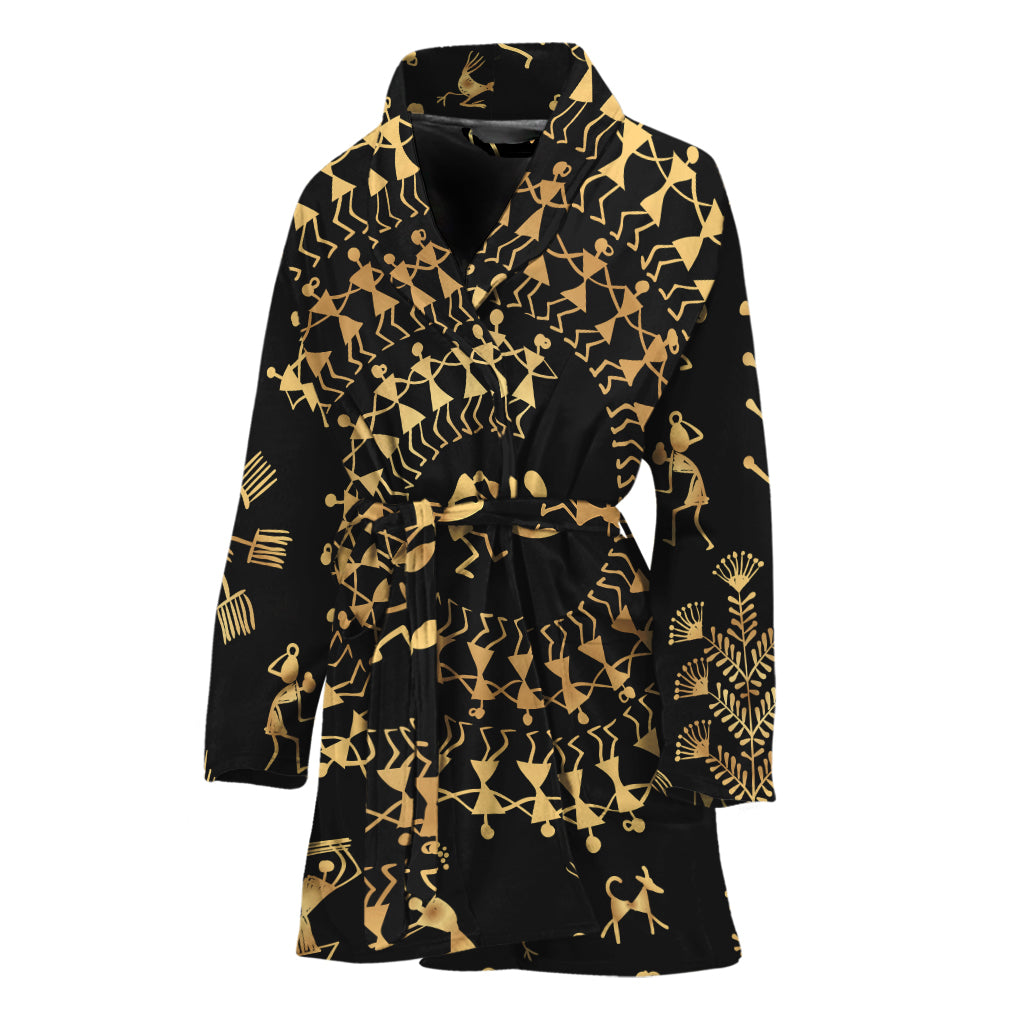 Black And Gold Warli Tribal Print Women's Bathrobe