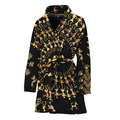 Black And Gold Warli Tribal Print Women's Bathrobe