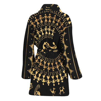 Black And Gold Warli Tribal Print Women's Bathrobe