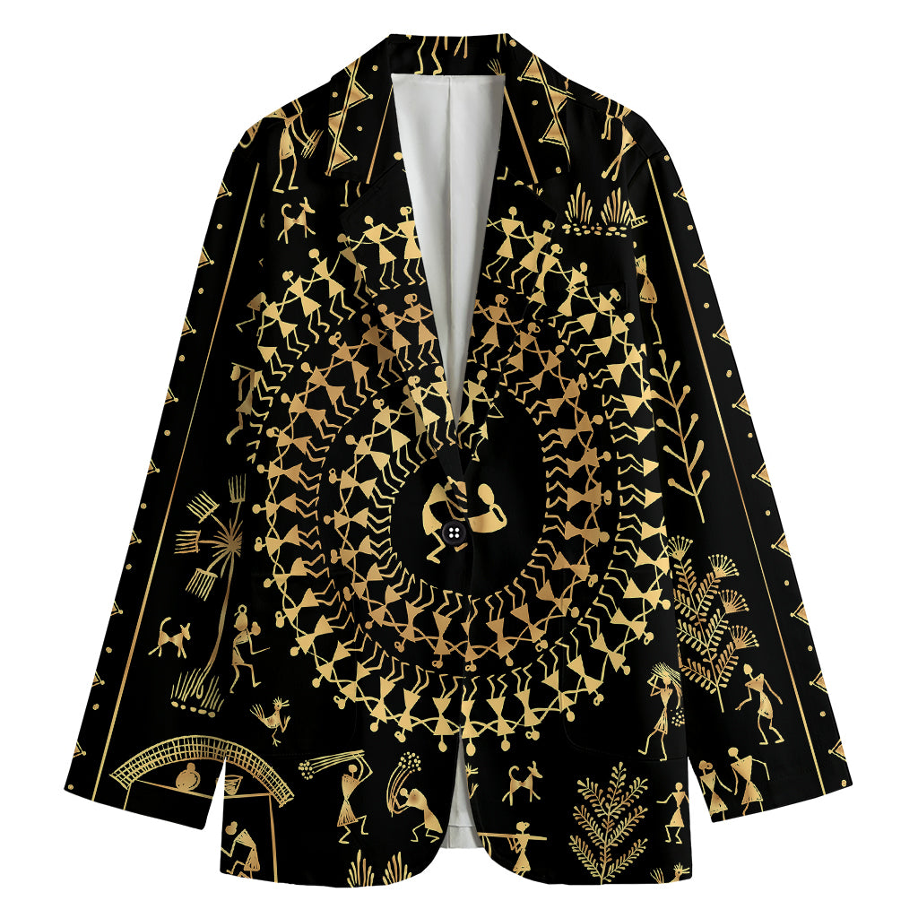 Black And Gold Warli Tribal Print Women's Blazer