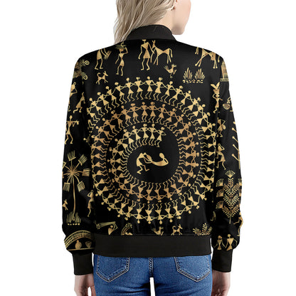 Black And Gold Warli Tribal Print Women's Bomber Jacket