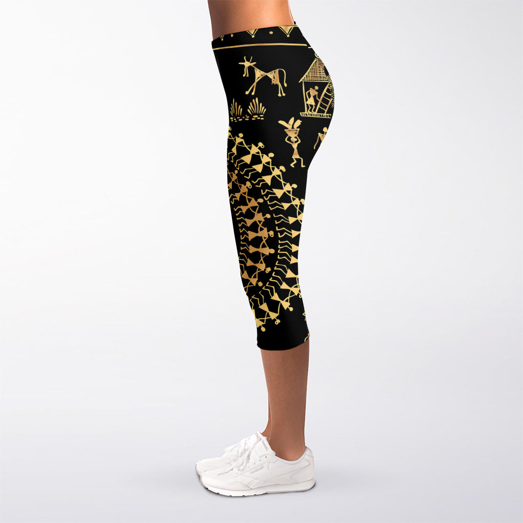 Black And Gold Warli Tribal Print Women's Capri Leggings