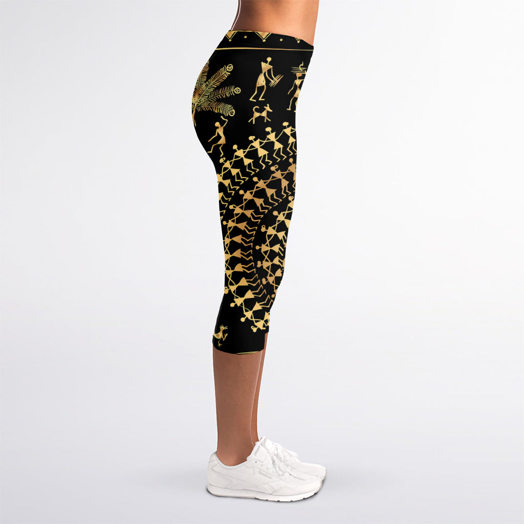 Black And Gold Warli Tribal Print Women's Capri Leggings