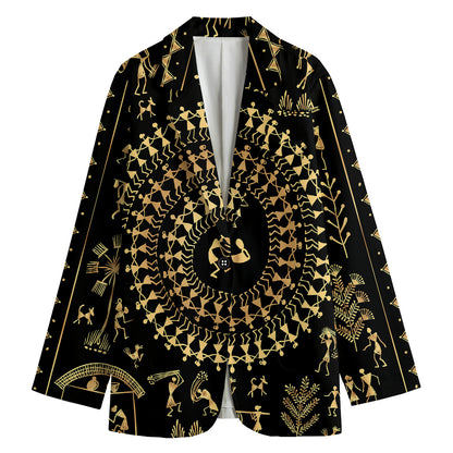 Black And Gold Warli Tribal Print Women's Cotton Blazer