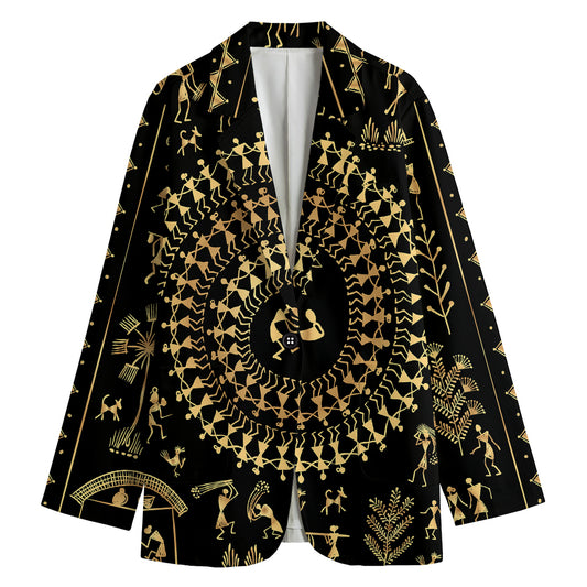 Black And Gold Warli Tribal Print Women's Cotton Blazer