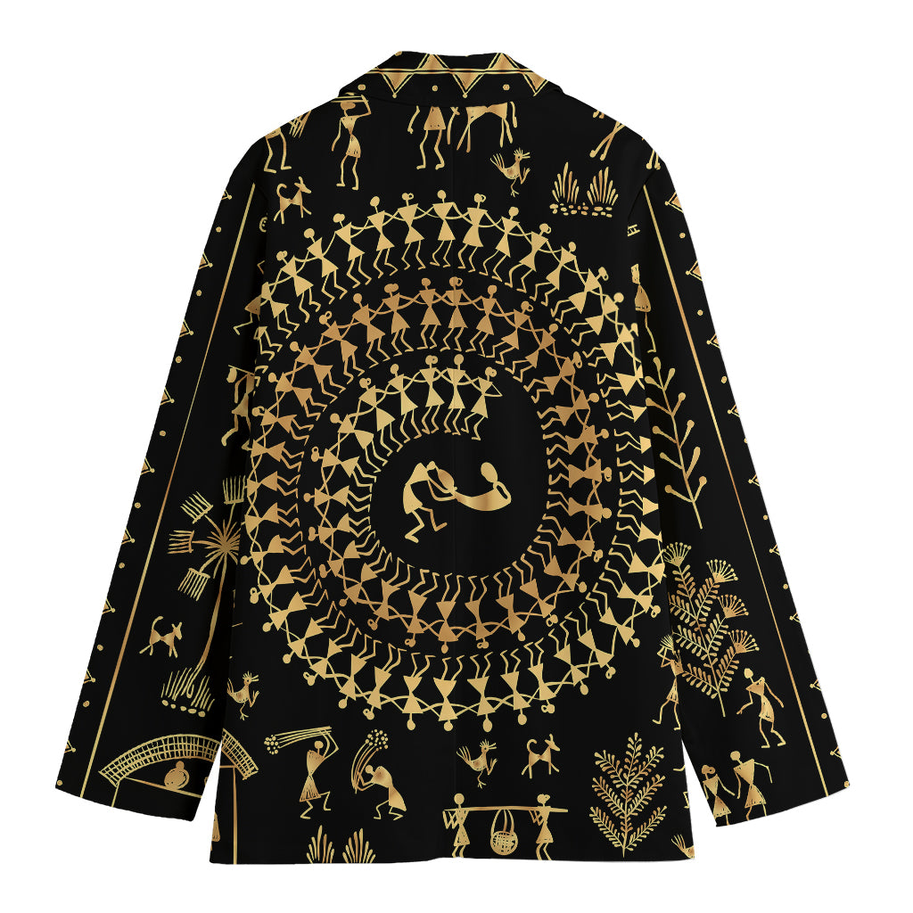Black And Gold Warli Tribal Print Women's Cotton Blazer