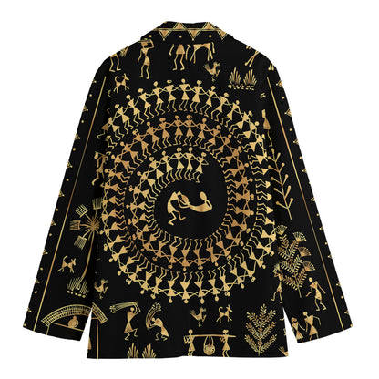 Black And Gold Warli Tribal Print Women's Cotton Blazer