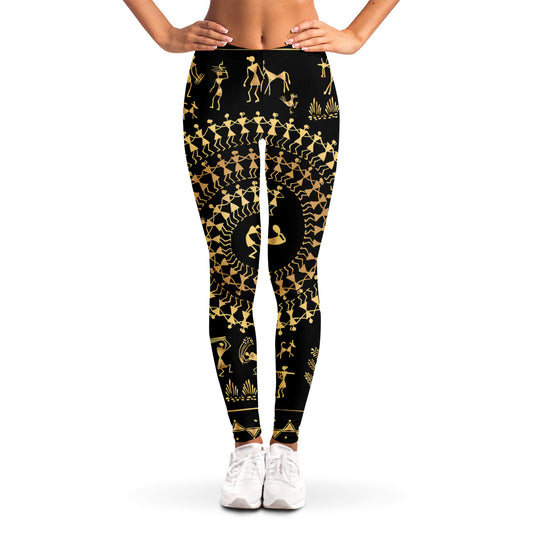 Black And Gold Warli Tribal Print Women's Leggings