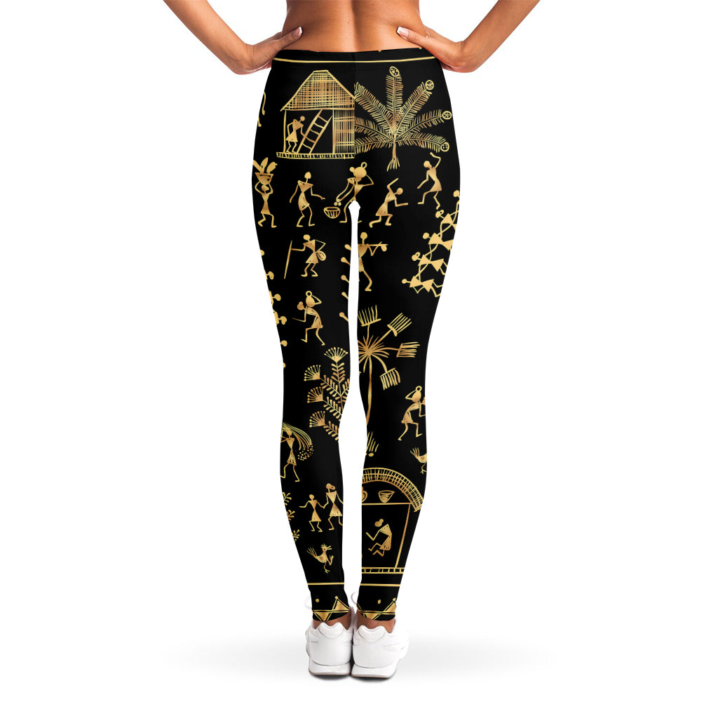Black And Gold Warli Tribal Print Women's Leggings