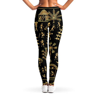 Black And Gold Warli Tribal Print Women's Leggings