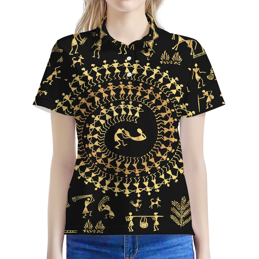 Black And Gold Warli Tribal Print Women's Polo Shirt
