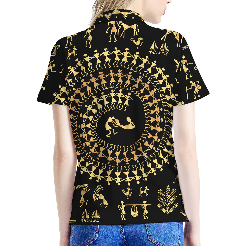 Black And Gold Warli Tribal Print Women's Polo Shirt