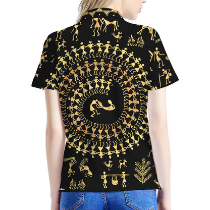 Black And Gold Warli Tribal Print Women's Polo Shirt