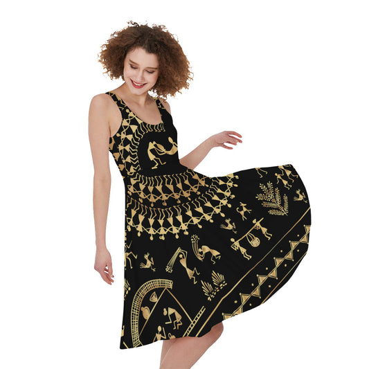 Black And Gold Warli Tribal Print Women's Sleeveless Dress