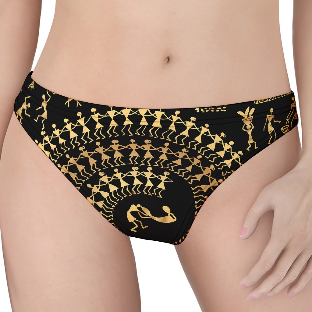 Black And Gold Warli Tribal Print Women's Thong