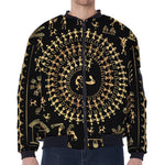 Black And Gold Warli Tribal Print Zip Sleeve Bomber Jacket