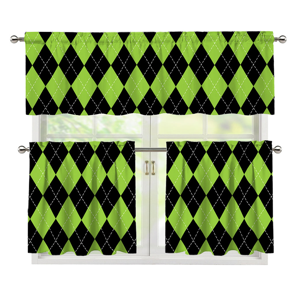 Black And Green Argyle Pattern Print 3 Piece Kitchen Curtains