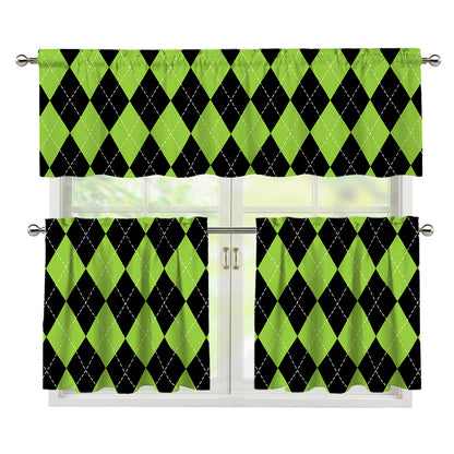 Black And Green Argyle Pattern Print 3 Piece Kitchen Curtains