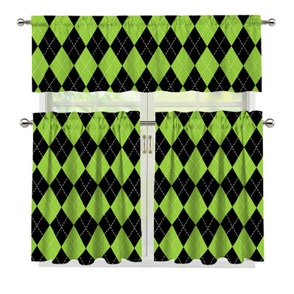 Black And Green Argyle Pattern Print 3 Piece Kitchen Curtains