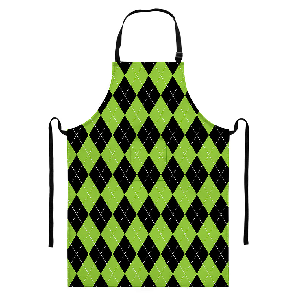 Black And Green Argyle Pattern Print Bib Apron With Pocket