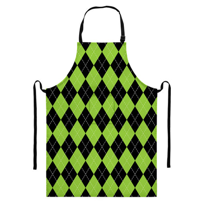 Black And Green Argyle Pattern Print Bib Apron With Pocket