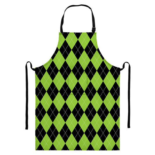 Black And Green Argyle Pattern Print Bib Apron With Pocket