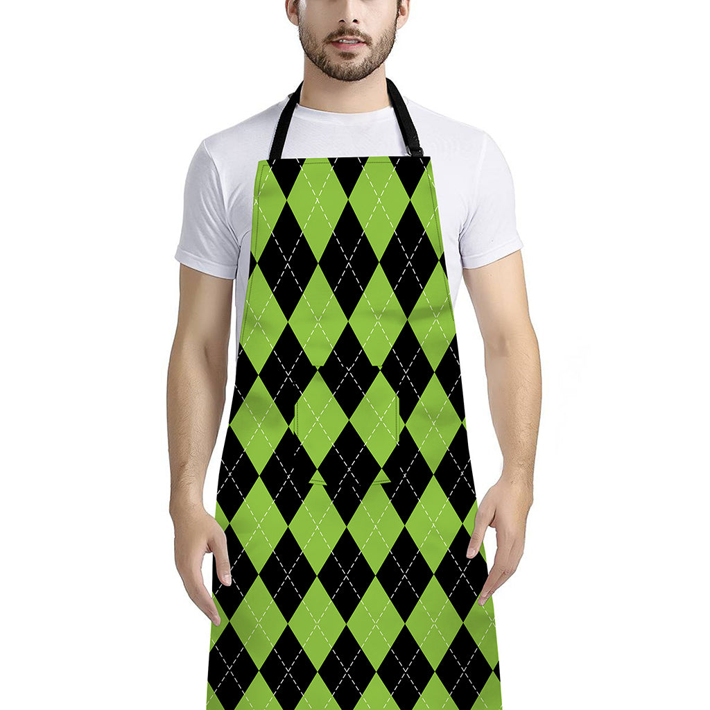 Black And Green Argyle Pattern Print Bib Apron With Pocket