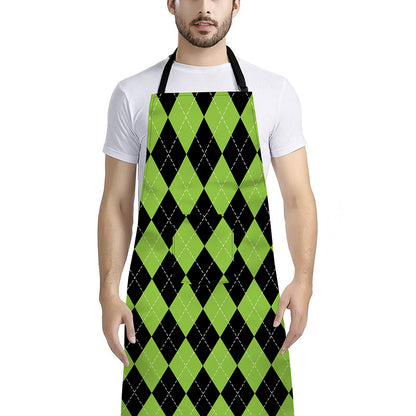 Black And Green Argyle Pattern Print Bib Apron With Pocket