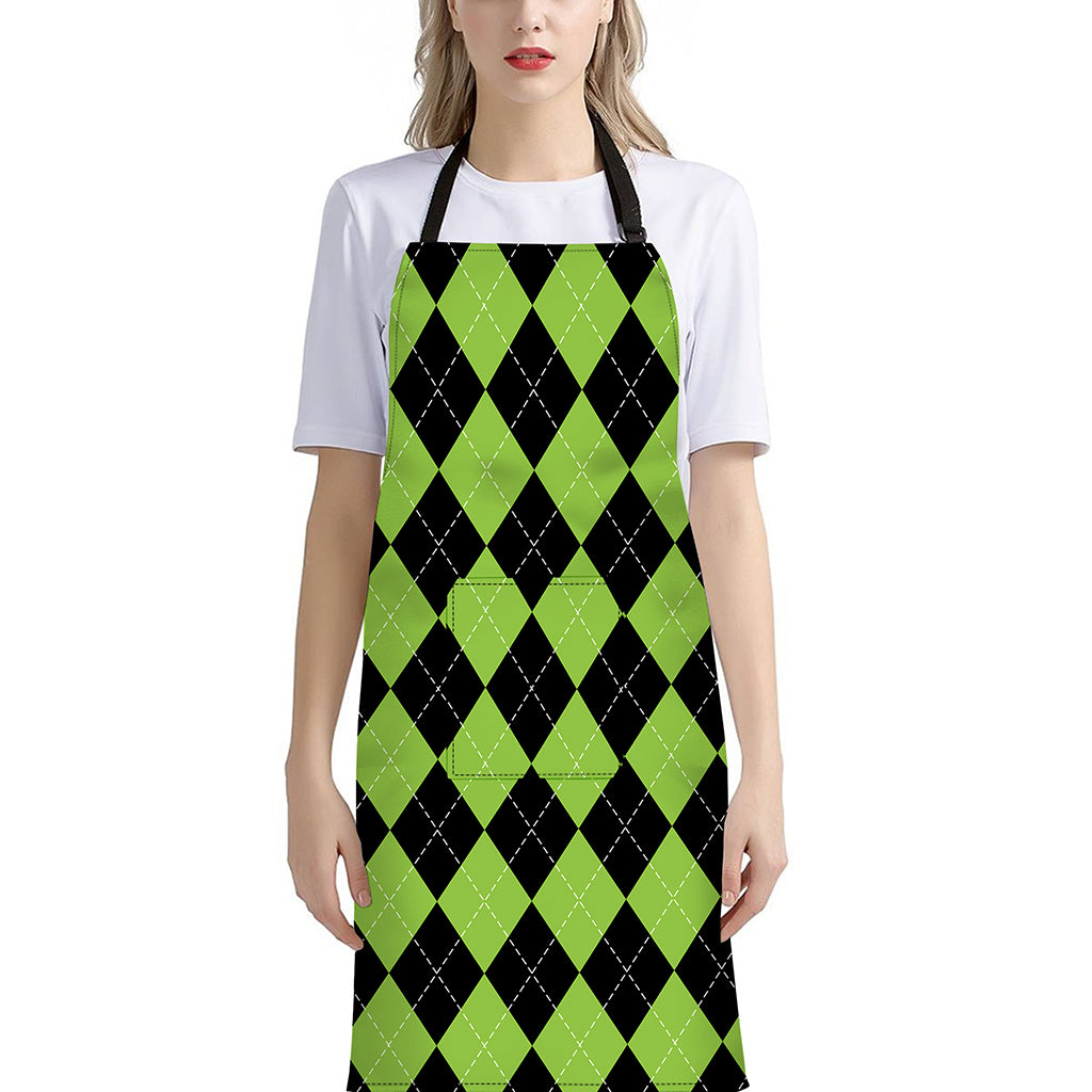 Black And Green Argyle Pattern Print Bib Apron With Pocket