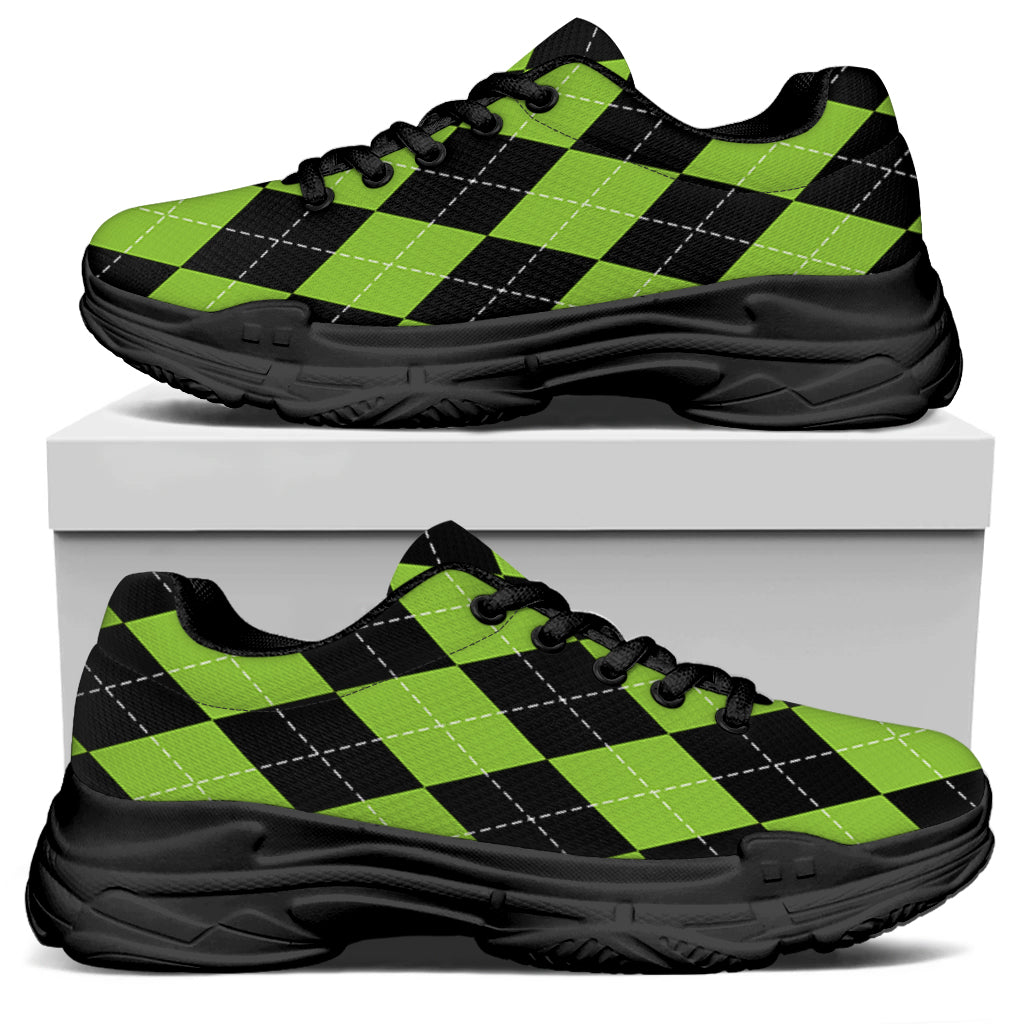Black And Green Argyle Pattern Print Black Chunky Shoes