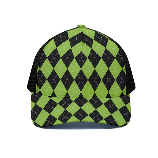 Black And Green Argyle Pattern Print Black Mesh Trucker Cap