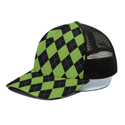 Black And Green Argyle Pattern Print Black Mesh Trucker Cap