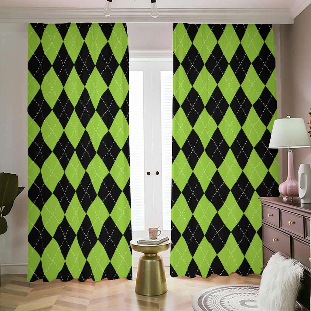 Black And Green Argyle Pattern Print Blackout Pencil Pleat Curtains