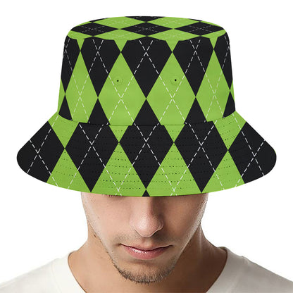 Black And Green Argyle Pattern Print Bucket Hat