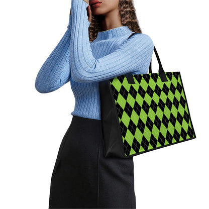 Black And Green Argyle Pattern Print Canvas Tote Bag