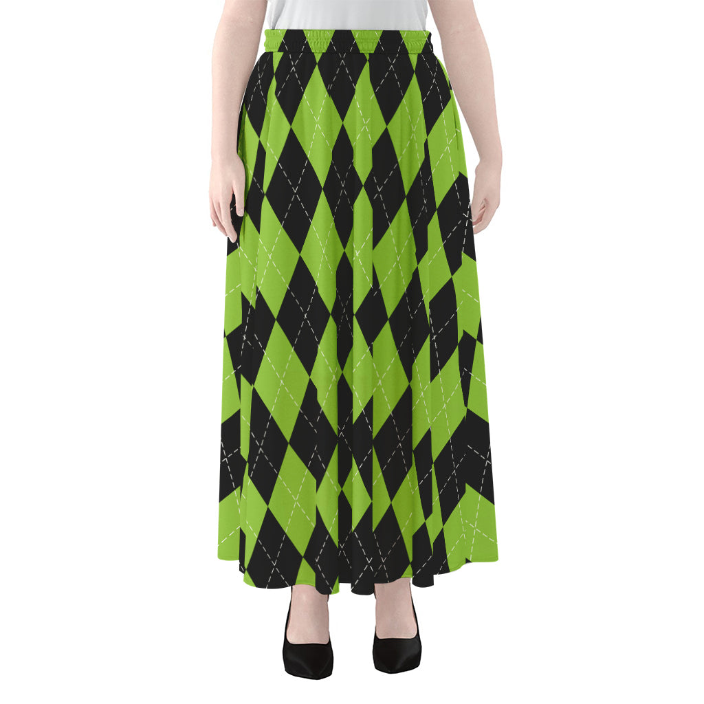 Black And Green Argyle Pattern Print Chiffon Maxi Skirt