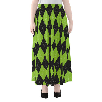 Black And Green Argyle Pattern Print Chiffon Maxi Skirt