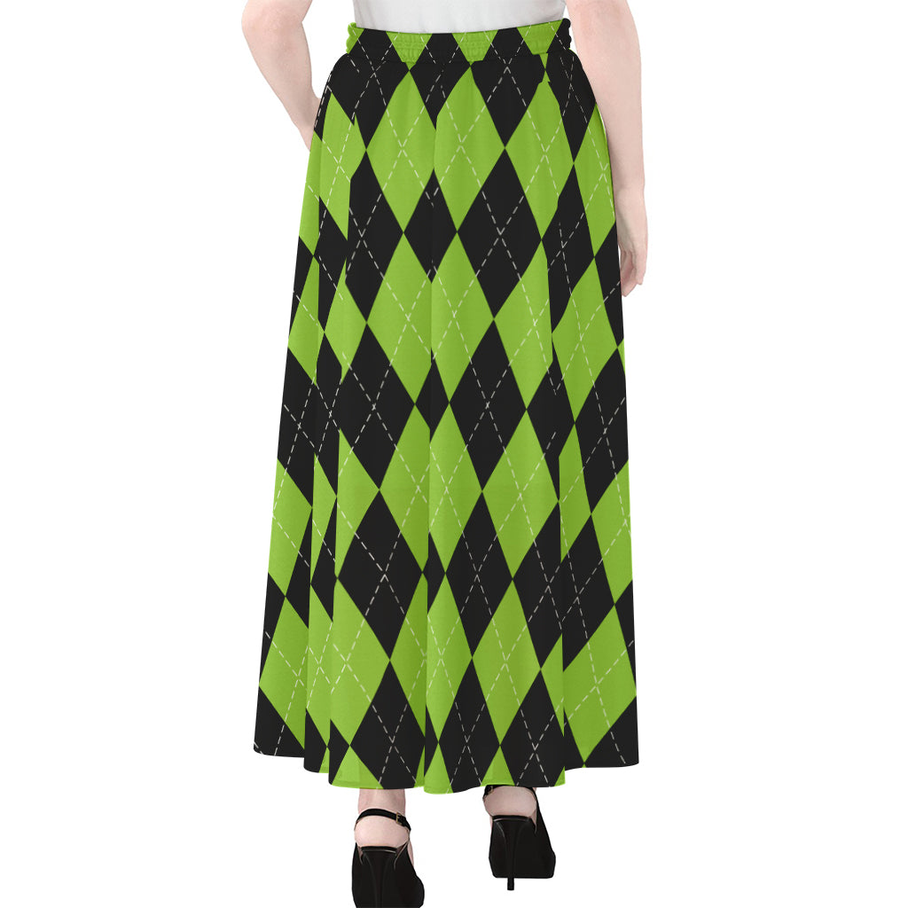 Black And Green Argyle Pattern Print Chiffon Maxi Skirt