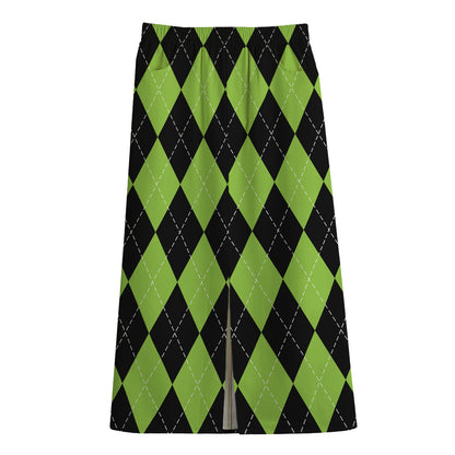 Black And Green Argyle Pattern Print Cotton Front Slit Maxi Skirt