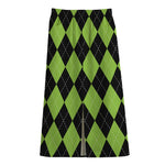 Black And Green Argyle Pattern Print Cotton Front Slit Maxi Skirt