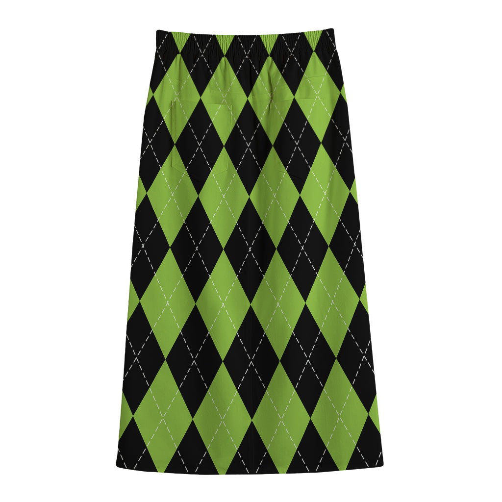Black And Green Argyle Pattern Print Cotton Front Slit Maxi Skirt