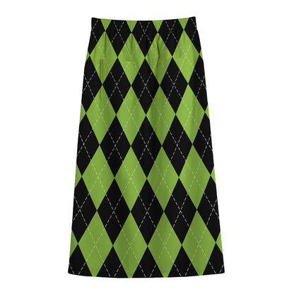 Black And Green Argyle Pattern Print Cotton Front Slit Maxi Skirt