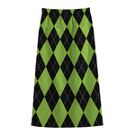 Black And Green Argyle Pattern Print Cotton Front Slit Maxi Skirt