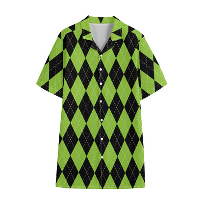 Black And Green Argyle Pattern Print Cotton Hawaiian Shirt