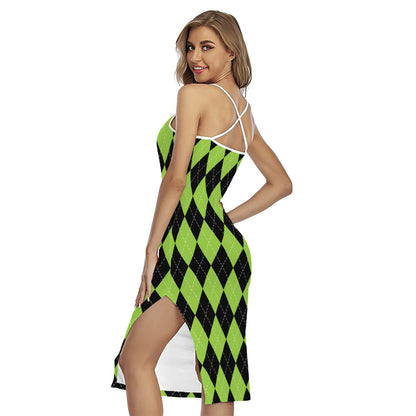 Black And Green Argyle Pattern Print Cross Back Cami Dress