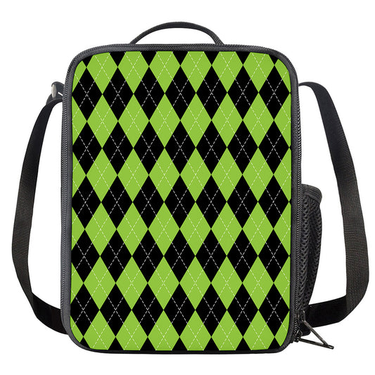 Black And Green Argyle Pattern Print Crossbody Lunch Bag